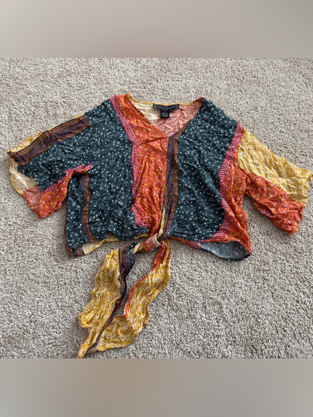 Polly & Esther Tie-Front Boho Top Y2K Festival Crop Blouse Size S Patchwork